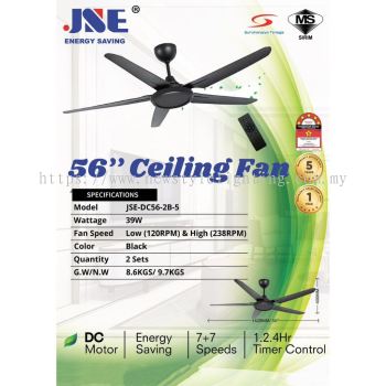 JSE JSE-DC56-2B-5 142cm / 56″ 5 Blade 7+7 Speed DC Motor Remote Control Ceiling Fan Kipas Siling 天花板吊扇 (Matte Black)