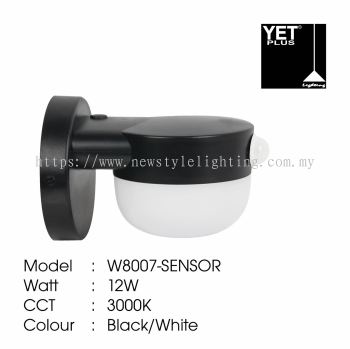 YETPlus W8007-Sensor LED Outdoor Visitor Body Motion Sensor Wall Light Lampu Dinding Luar 户外壁灯 (12W) (3000K Warm White) (Black / White Frame)