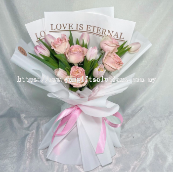 Fresh Light Pink Tulip & Pink Roses Bouquet - 15 stalks