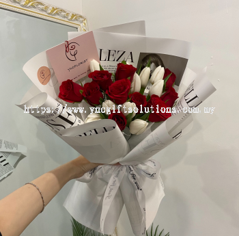 Fresh white Tulip and Red Rose Bouquet (20 stalks)