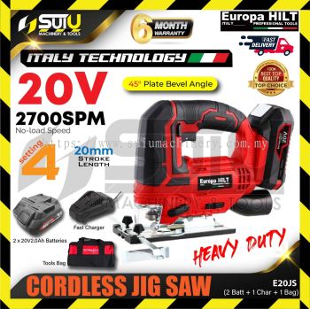 EUROPA HILT E20JS 20V Cordless Jigsaw 2700SPM w/ 2 x Batteries 2.0Ah + Charger + Tool Bag