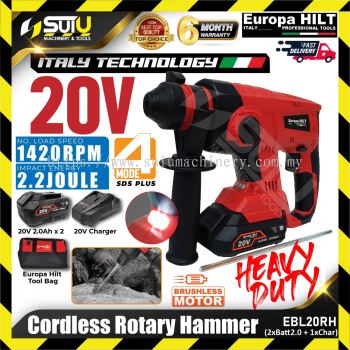 EUROPA HILT EBL20RH 20V 2.2J Brushless Cordless Rotary Hammer 1420RPM w/ 2 x Batteries 2.0Ah + Charger + Tool Bag