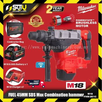 MILWAUKEE M18 FHM-0C0 Asia / FHM-801C FUEL 45mm SDS Max Combination Hammer w/ 1 x M18 8.0Ah Battery + 1 x Charger + 1 x Contractor Bag