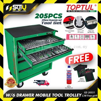 TOPTUL GE-20551 W/6 Drawer Mobile Tool Trolley 205pcs Mechanical Tool Set 205pcs