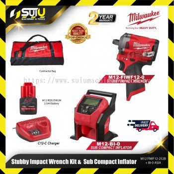 MILWAUKEE M12 FIWF12-252B / FIWF12-0 1/2" Stubby Impact Wrench + BI-0 Asia Sub Compact Inflator w/ 2 x Bat 3.0Ah + Char