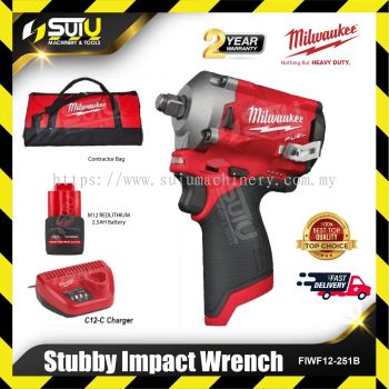 MILWAUKEE M12 FIWF12-0 / FIWF12-251B Gen II 1/2' Cordless Stubby Impact Wrench w/ Friction + 1 X Batt 2.5Ah + Charger