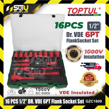 TOPTUL GZC1609 16pcs 1/2'' Dr. VDE 6PT Flank Socket Set