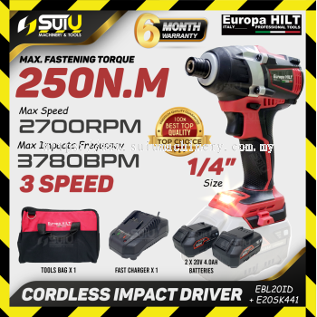 EUROPA HILT EBL20ID 20V 250NM Cordless Impact Driver with Brushless Motor 2700RPM w/ 2 x 4.0Ah Batteries + Charger + Tools Bag