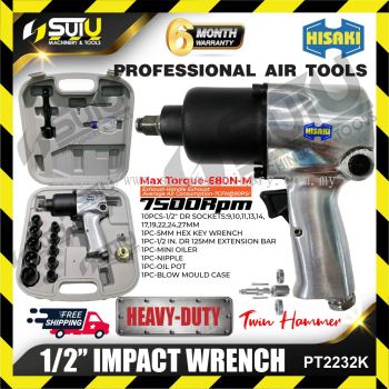 HISAKI PT2232K 1/2" 680NM Heavy-Duty Impact Wrench (Twin Hammer) with 10PCS Dr. Sockets