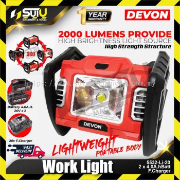 DEVON 5532-Li-20 20V Portable Work Light with 2000 Lumens w/ 2 x Batteries 4.0Ah + Charger