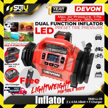 DEVON 5940-Li-20 20V Lithium-ion Dual Function Inflator w/ 2 x 20V Batteries 4.0Ah + Charger 