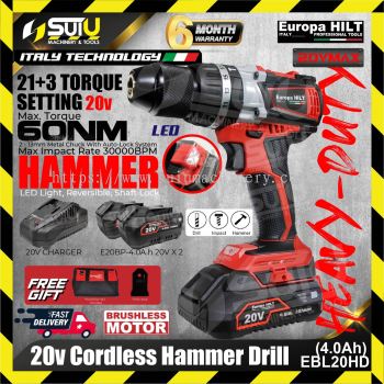 Europa Hilt EBL20HD 20V Cordless Impact Hammer Drill with Brushless Motor + 2 x4.0Ah batteries + 1 x 20V Charger