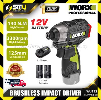 WORX WU132 12V 1/4" Brushless Impact Driver 140N.M 3300rpm (1xCharger+2x Batteries 2.0Ah)