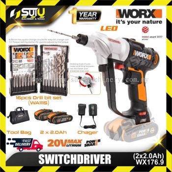 WORX WX176.9 20V Switchdriver 1500rpm w/ 2 x 2.0Ah Batteries + 1 x Charger + 16pcs Drill Bit Set