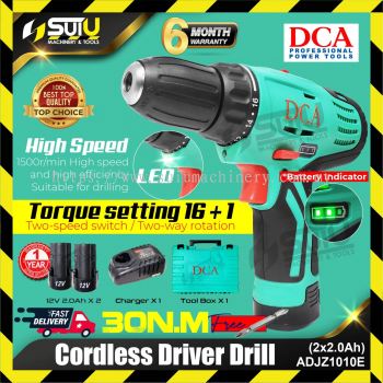 DCA ADJZ1010E / ADJZ10-10E 12V Cordless Driver Drill 30NM 1500RPM + 2 x 2.0Ah Batteries + Charger