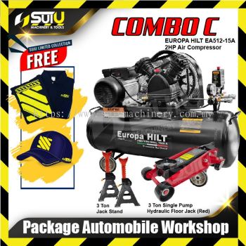 Combo C Automobile / Car Workshop Set (EUROPA HILT EA512-15A Air Compressor + 3 Tons Floor Jack + Jack Stand + Free Gift)