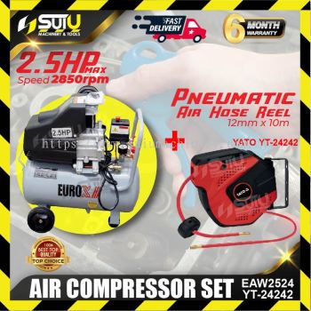 Air Compressor Set EUROX EAW2524 / EAX2524 24L 2.5HP Air Compressor 2850RPM + YATO YT-24242 10M Pneumatic Air Hose Reel