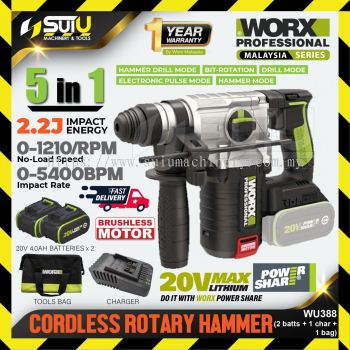 [SET B] WORX WU388 20V 5 in 1 2.2J Brushless Cordless Rotary Hammer 1210RPM + 2 x Batteries 4.0Ah + Charger