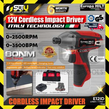 EUROPA HILT E12ID 12V 80NM Cordless Impact Driver 2500RPM w/ 2 x Batteries 4.0Ah + Charger + Bag