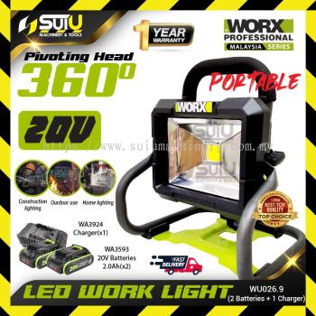 WORX WU026.9 20V 360 LED Work Light 20W w/ 2 x Batteries 2.0Ah + Charger