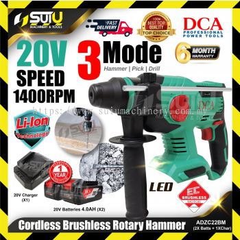 DCA ADZC22 / ADZC22BM 20V 3-Mode Cordless Brushless Rotary Hammer 1400RPM w/ 2 x Batteries 4.0Ah + Charger