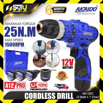 AKAIDO AK12EC 12V 25NM Cordless Drill 1500RPM + 3 x Batteries 2.0Ah + 1 x Charger