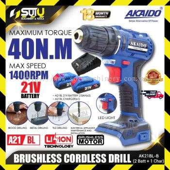 AKAIDO AK21BL-B / AK21BL 21V 40NM 10MM Brushless Cordless Drill 1400RPM + 2 x Batteries 2.0Ah + Charger