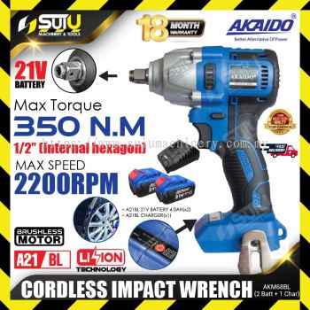 AKAIDO AKM68BL-B / AKM68BL 21V 350NM Brushless Cordless Impact Wrench 2200RPM + 2 x Batteries 4.0Ah