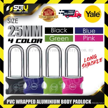 YALE YE3/25/141/1 1PCS 25MM Long Shackle PVC Wrapped Aluminium Body Padlock (Black/Green/Blue/Pink)