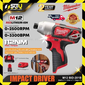 MILWAUKEE M12 BID-201B 12V 112NM M12 Compact Impact Driver 2500RPM + 1 x Battery 2.0Ah + 1 x Charger