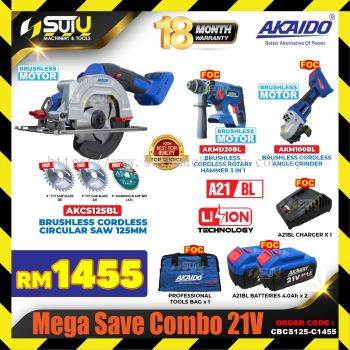 AKAIDO CBCS125-C1455 Mega Save Combo 21V AKCS125BL + AKMD20BL + AKM100BL + 2 x 4.0Ah Batteries + 1 x Charger + 1 x Bag