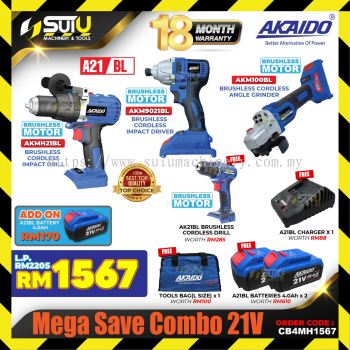 AKAIDO CB4MH1567 Mega Save Combo 21V AKMH21BL + AKM9021BL + AKM100BL + AK21BL with 4.0Ah Battery + Charger + Bag