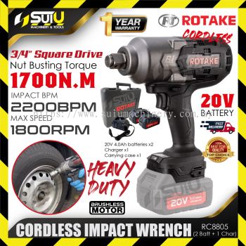 ROTAKE RC8805 20V 1700NM 3/4" Brushless Cordless Impact Wrench 1800RPM 2200BPM w/ 2 x Batteries 4.0Ah + Charger + Case