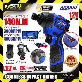 AKAIDO AKID12BL 12V 140NM Brushless Cordless Impact Driver 3000RPM 4000BPM w/ 2 x Batteries 2.0Ah