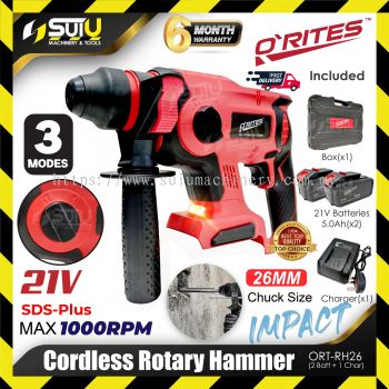 O'RITES ORT-RH26 21V 26MM 3 Modes SDS-Plus Cordless Rotary Hammer 1000RPM w/ 2 x Bat 5.0Ah + Charger