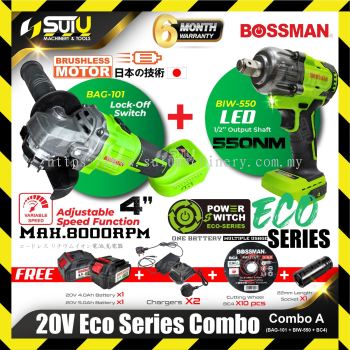 [BIW550 + BAG101 + BC4] BOSSMAN ECO SERIES 20V Cordless Combo A BIW550 Impact Wrench + BAG101 4 Angle Grinder + 10 x BC4 Cutting Wheel (SET)