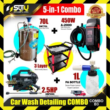 【COMBO B3】5IN1 Car Wash Detailing Combo (SWT70L + HBP1010 + A2000 + 3 Layer Trolley (Black) + Snow Foam Lance)