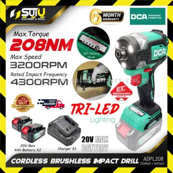 [SET] DCA ADPL208 20V 208NM Brushless Cordless Impact Drill c/w 2Bat4.0Ah + Charger