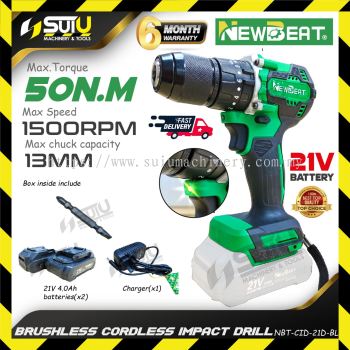 NEWBEAT NBT-CID-21D-BL 21V 50NM Brushless Cordless Impact Drill 1500RPM w/ 2Bat4.0Ah + 1 Char