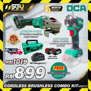 DCA ADKIT27 Brushless Cordless Combo Kit (ADPL208Z Impact Driver + ADSM03-100Z Angle Grinder + 2Bat 4.0Ah + Charger