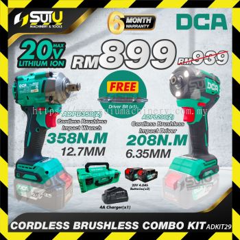 DCA ADKIT29 Cordless Brushless Combo Kit ADPB358Z Impact Wrench + ADPL208Z Impact Driver + 2Batt 4.0Ah + 1 Char