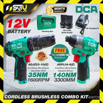 DCA ADKIT25 (EK) 12V Cordless Combo Kit ADJZ23-10I Hammer Drill + ADPL04-8 Impact Driver + 2Bat2.0Ah + Charger