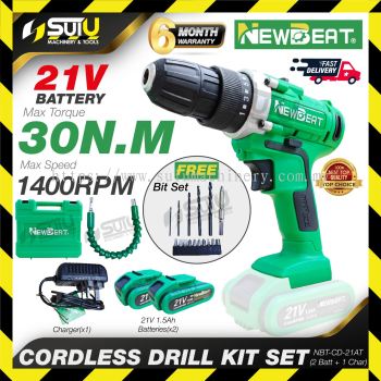 NEWBEAT NBT-CD-21AT / NBTCD21AT 21V 30NM Cordless Drill Kit Set w/ 2 x Batteries 1.5Ah + Charger