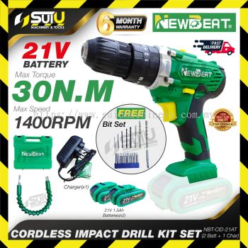 NEWBEAT NBT-CID-21AT / NBTCID21AT 21V 30NM Cordless Impact Drill Kit Set w/ 2 x Batteries 1.5Ah + Charger