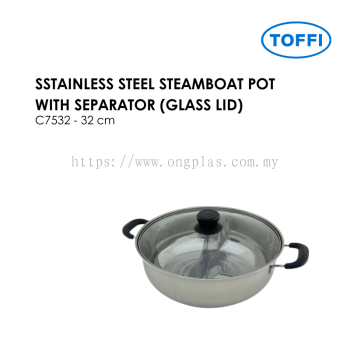 TOFFI SSTAINLESS STEEL STEAMBOAT POT WITH SEPARATOR (GLASS LID) C7532