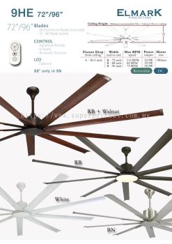 Elmark 9HE 52" / 60" / 72" / 88" / 96" 9 Blades DC Motor Ceiling Fan With 5-Speed Reversible Remote Control 9HE96