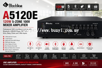 Blackline A5120E Penguat Pengadun 120W 100V 5 Zon dengan Bluetooth, USB, SD, FM Radio & 3 Input Mikrofon