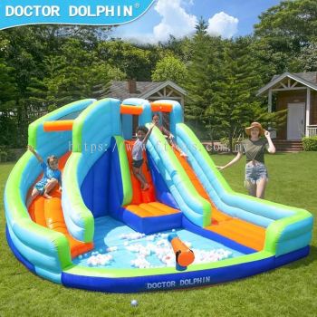 Doctor Dolphin Inflatable Water Slide with Blower Playhouse Castle Water Park Bouncy House with Double Slides, Water Spray Gun, Climbing Wall for Kids 2-12 (RENT)