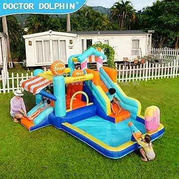 Doctor Dolphin Inflatable Water Bounce House with Water Slide and Blower for Kids, Double Slide Jumping Water Park Blow Up Bouncy Castle with Ball Pit for Indoors & Outdoors (RENT)