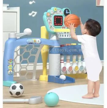 Baoli Hot Sale 5-in-1 Sports Activity Center Ball Basketball Stand Scoring 1-3 years old children's music toys